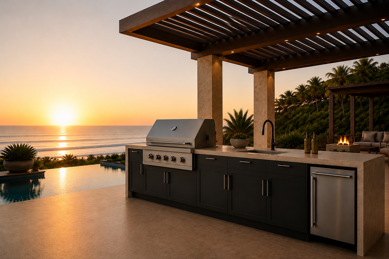 Luxury Caribbean outdoor kitchen with pergola overlooking the ocean